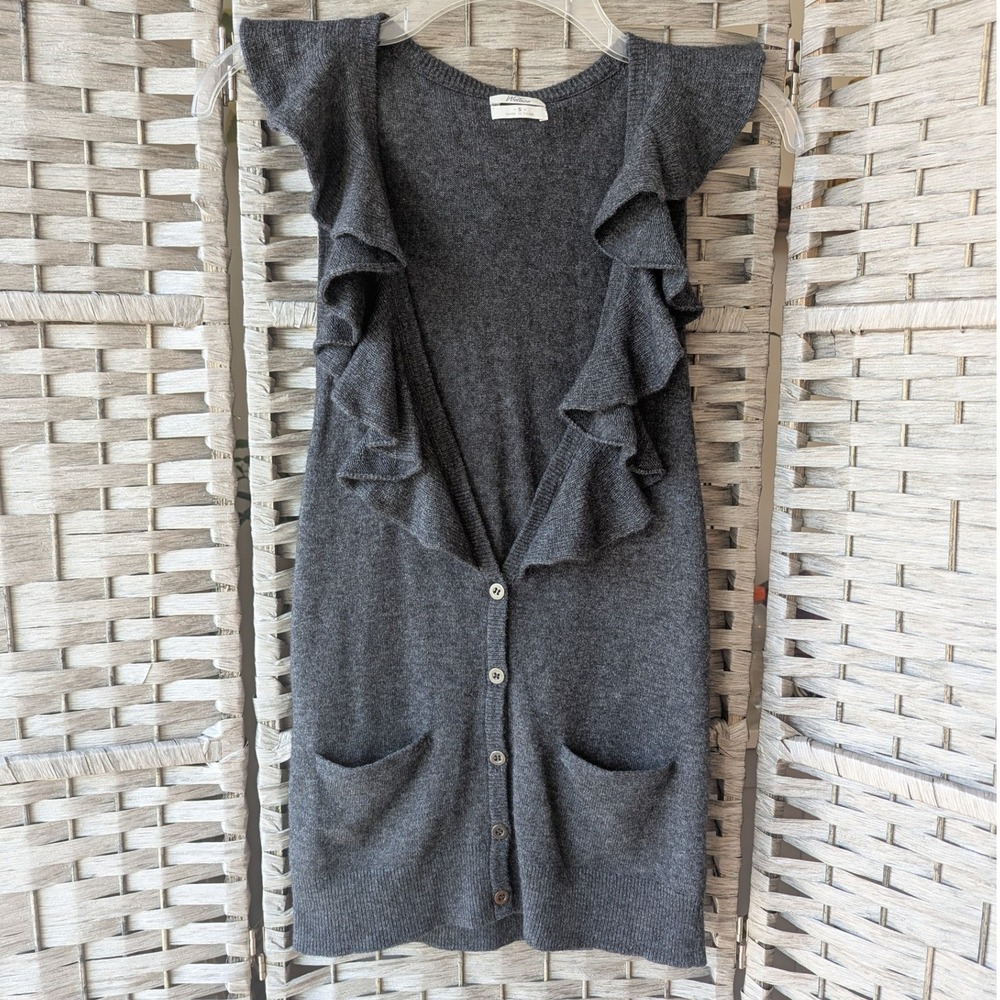 Wallace Charcoal Grey Ruffle V-Neck Knit Cardigan Vest Wool Cashmere Blend Sz S